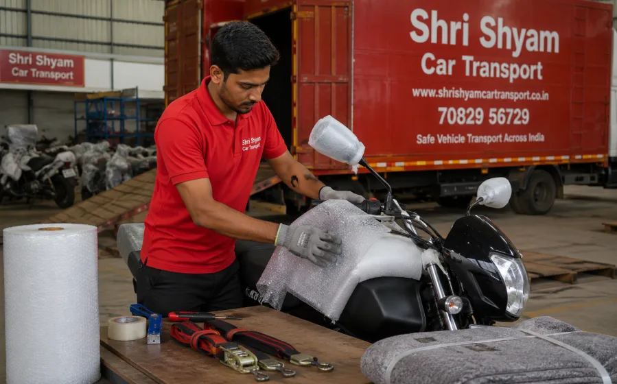 Foam and bubble wrap padding applied to a motorcycle | Shri Shyam Car Transport