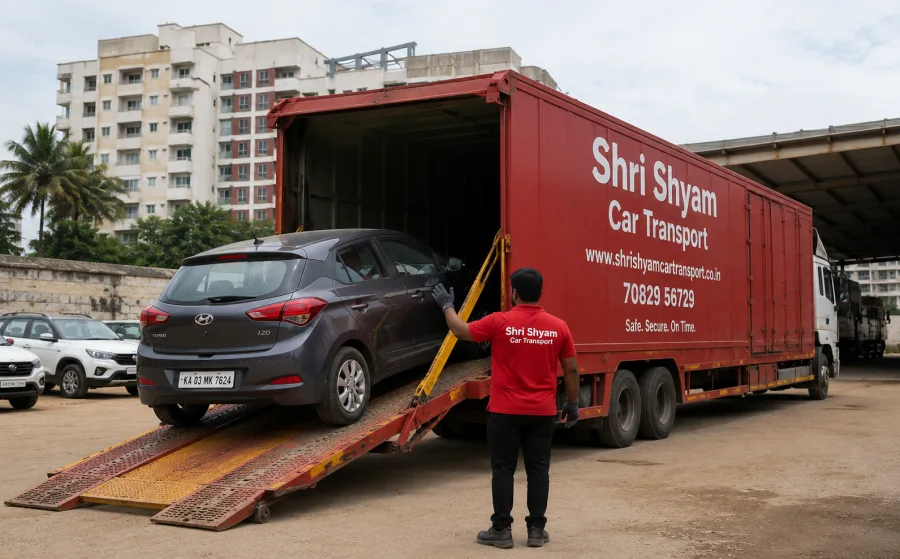 Hatchback loading onto a closed car carrier ramp | Shri Shyam Car Transport