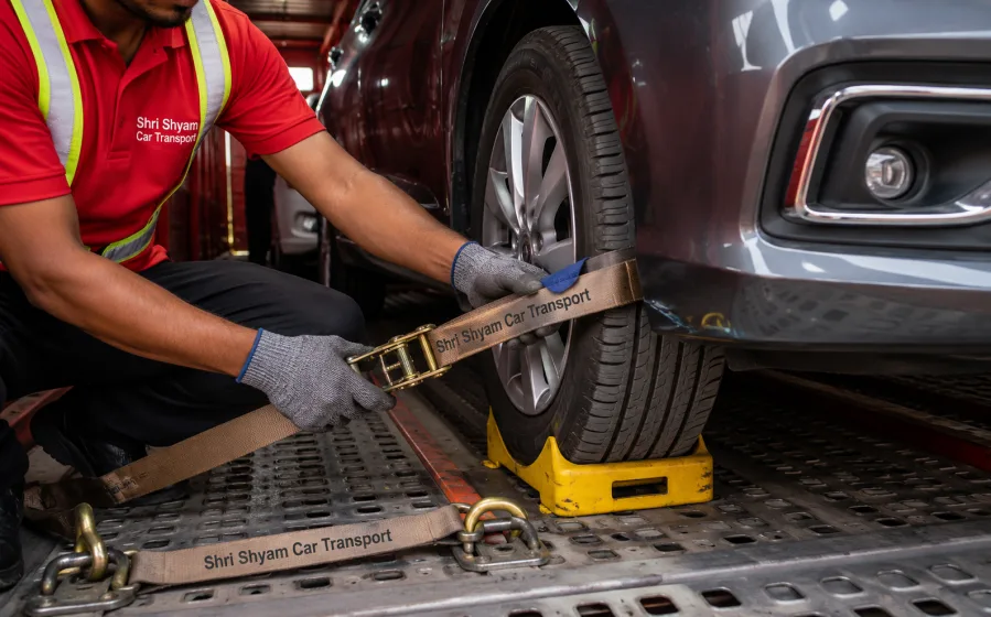 Wheel lock and strap securing a car on the carrier deck | Shri Shyam Car Transport