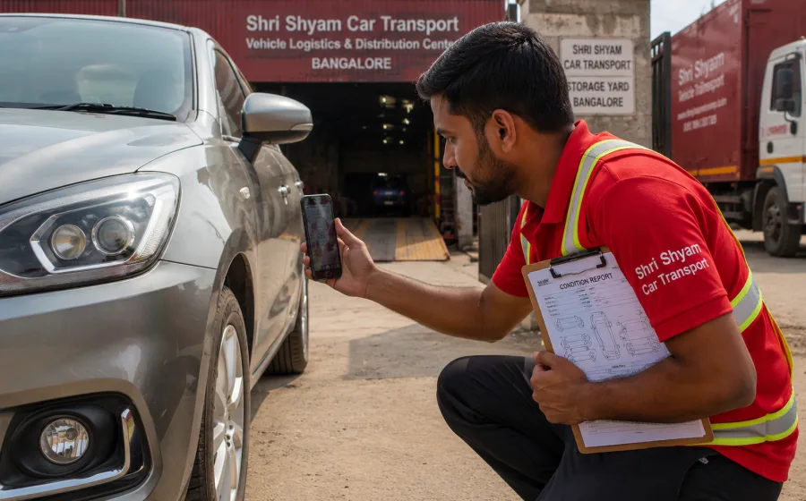 Staff documenting a vehicle condition at storage check-in | Shri Shyam Car Transport