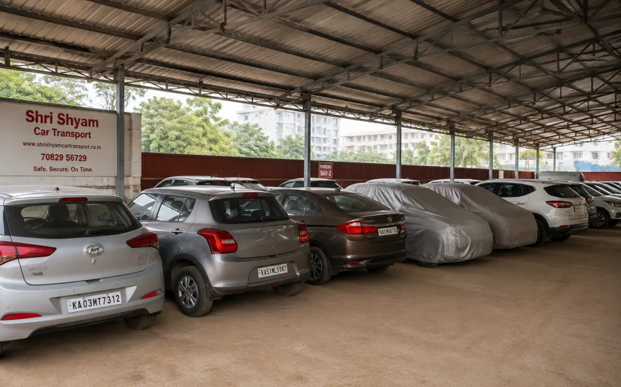 Vehicles parked under a covered warehouse shed | Shri Shyam Car Transport
